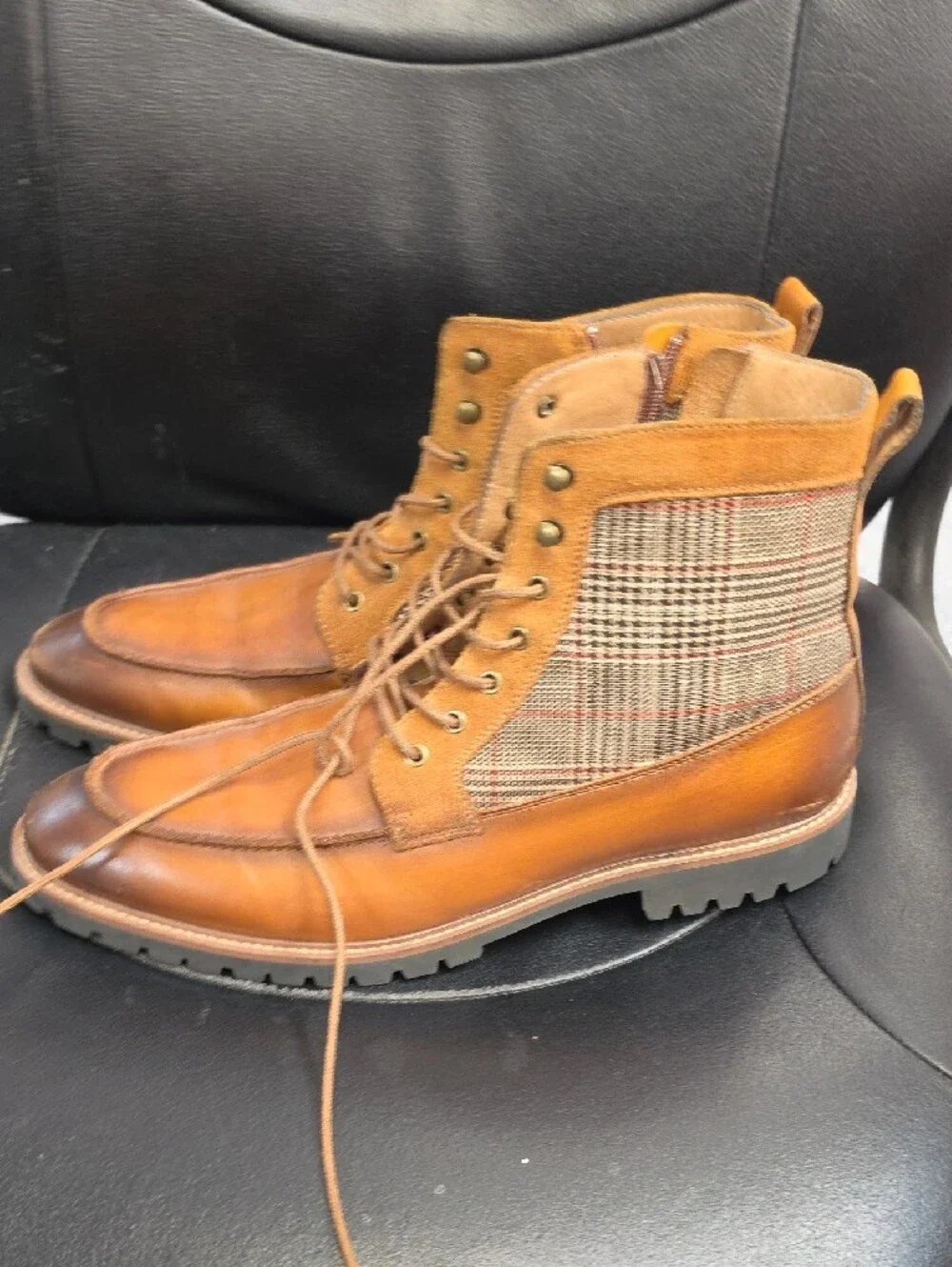 Milano Brown Leather Plaid Combat Boots